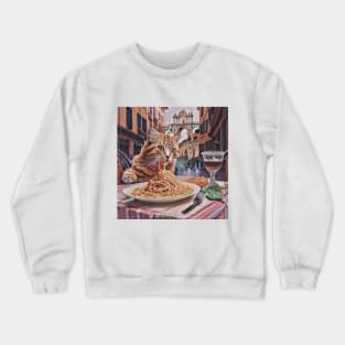 Cat Eating Spaghetti At A Table On The Streets Of Rome, Italy Crewneck Sweatshirt